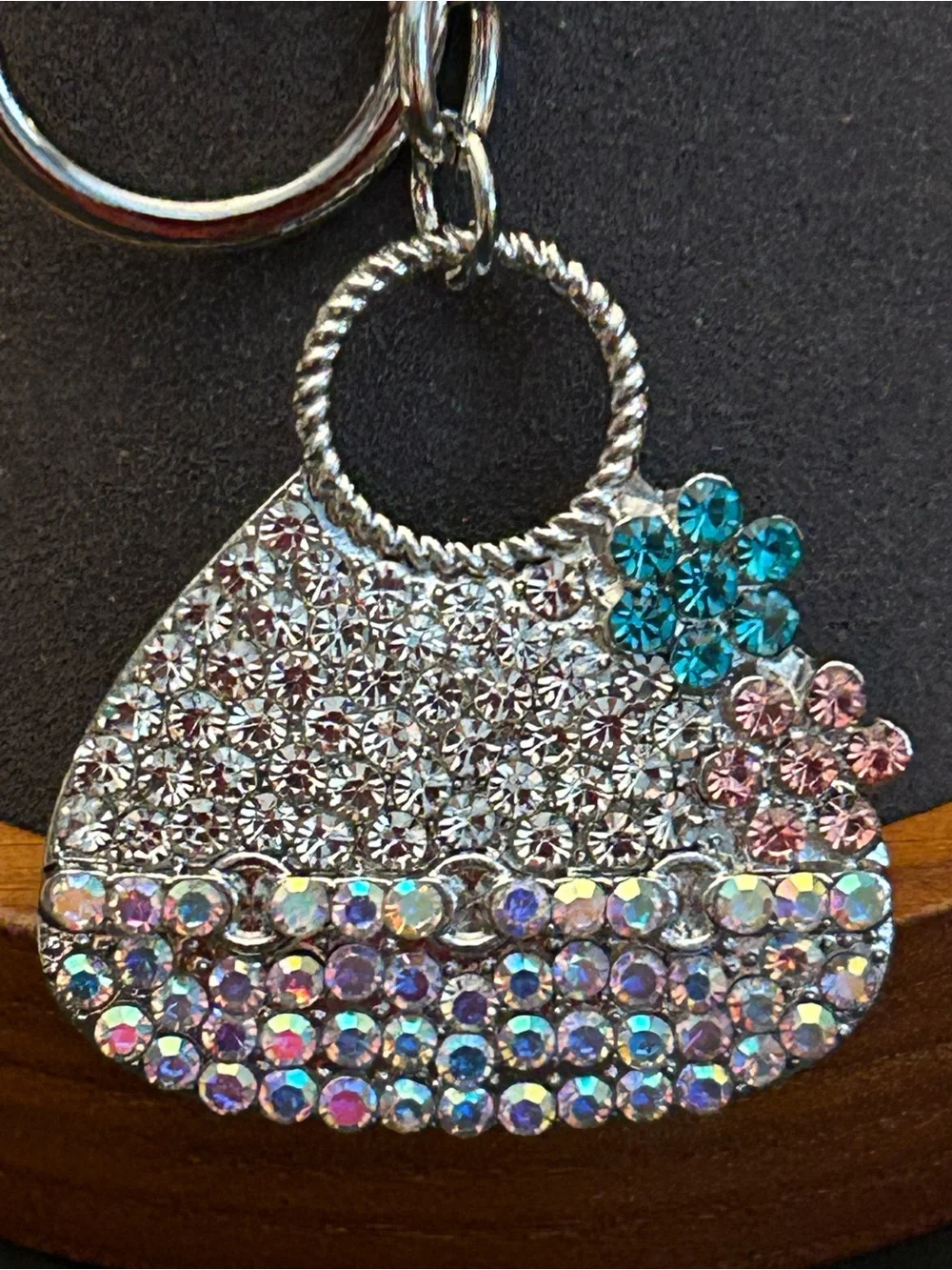 Iridescent Crystal Pavé Purse 👛 Bag Charm Keychain w/Pink & Blue Flower Accents